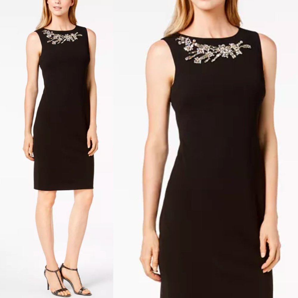 NWT Calvin Kline Rhinestone-Embellished Sheath Dress Black Size 2…